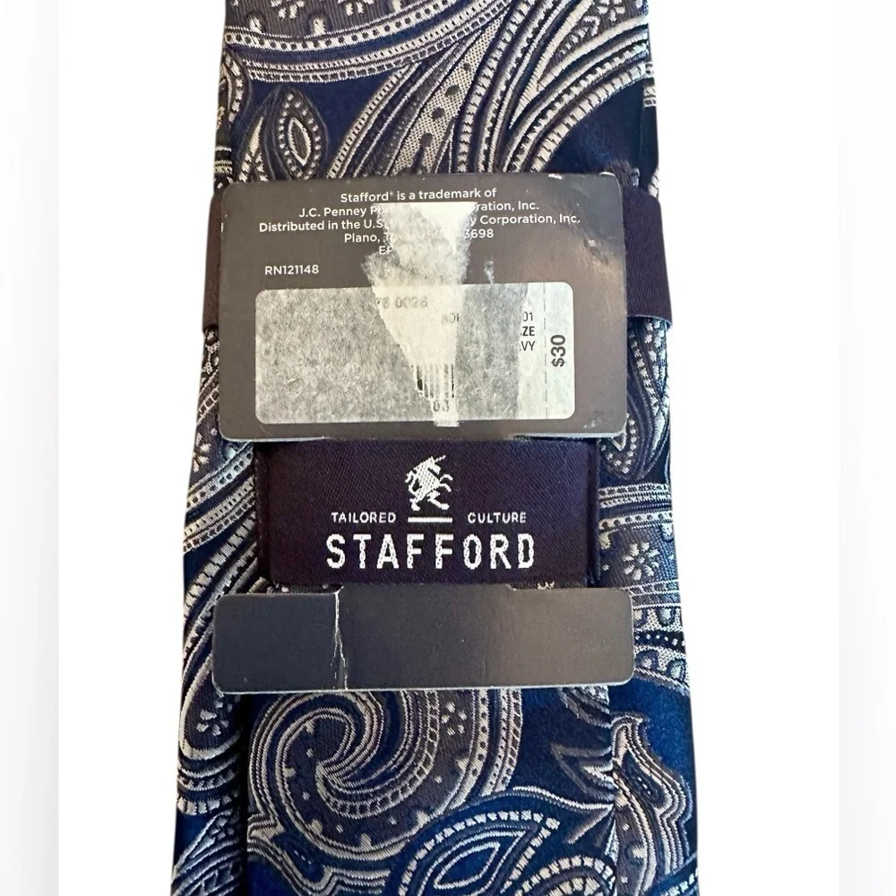 New Stafford Tailored Culture Silk Tie - Navy Blue Gray Silver